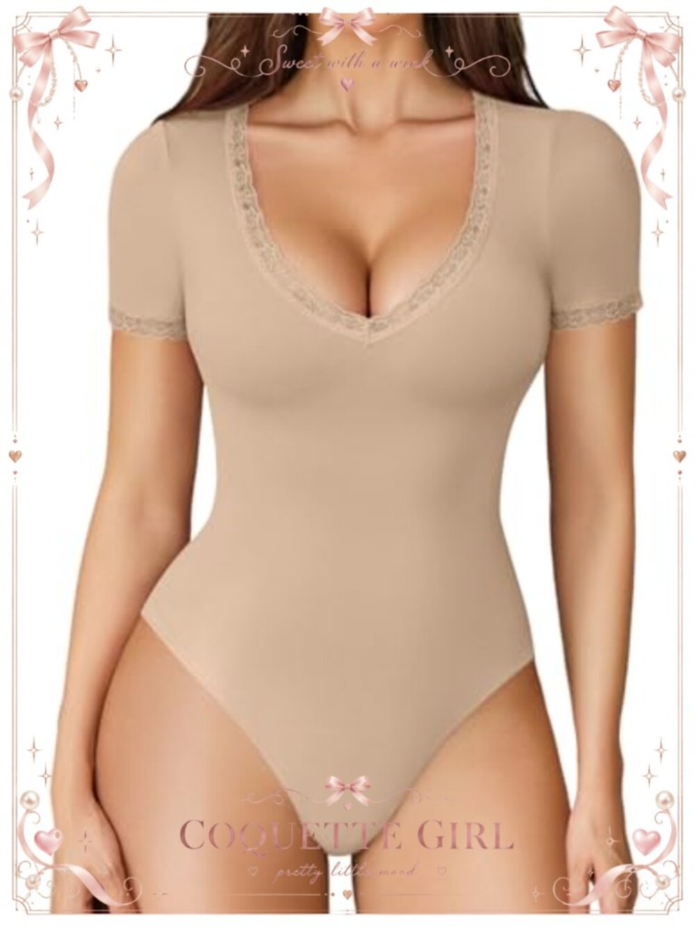 Lace V Neck Short Sleeve Bodysuit Double Lined Thong Back Snap Crotch